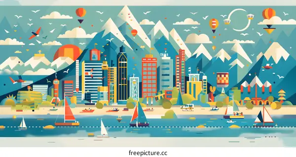 Cityscape with Mountains and Sailboats