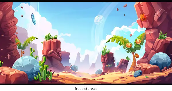 Fantasy Desert Landscape with Palm Trees and Rocks