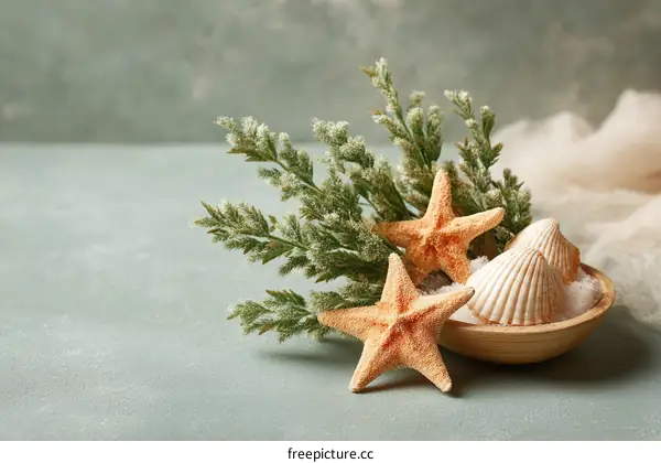 Coastal Seashell and Starfish Arrangement on a Light Grey Surface