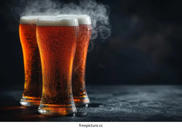 Three Cold Frosty Beers with Foam on Dark Background