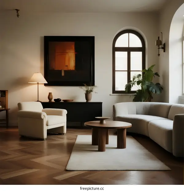 Modern Living Room with Arched Window and Minimalist Furniture