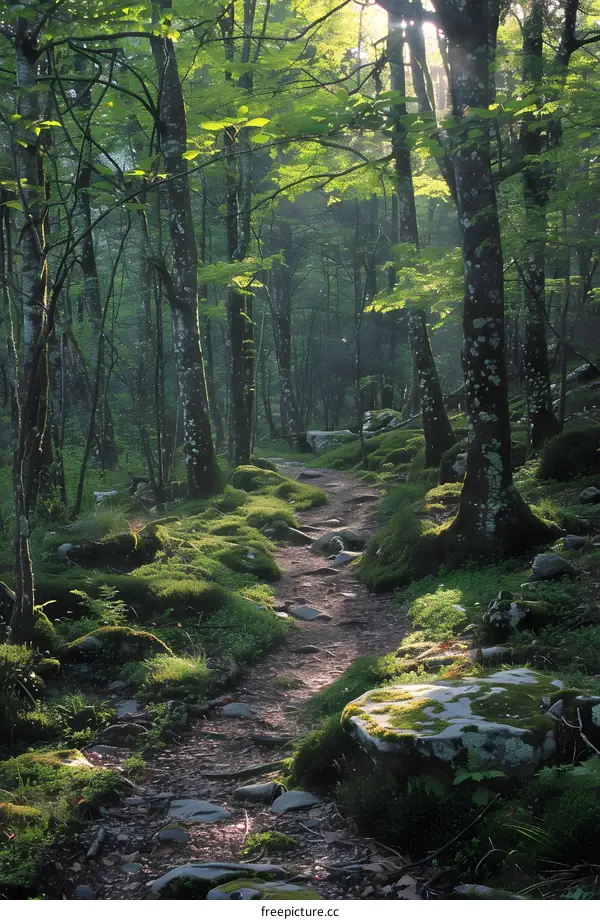 The sun shines through the forest