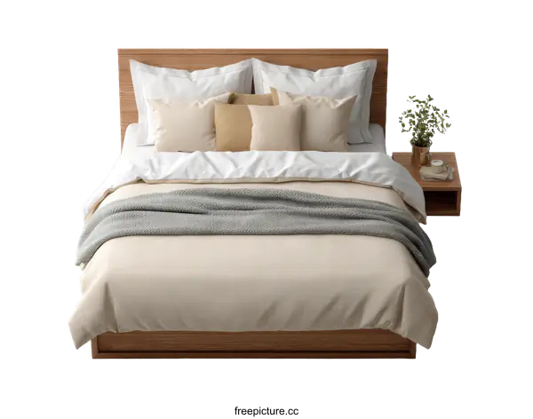 [Transparent Background PNG]Modern Wooden Bed with Bedding and Nightstand