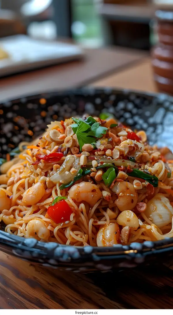 A plate of delicious noodles with shrimp, vegetables, and peanuts.