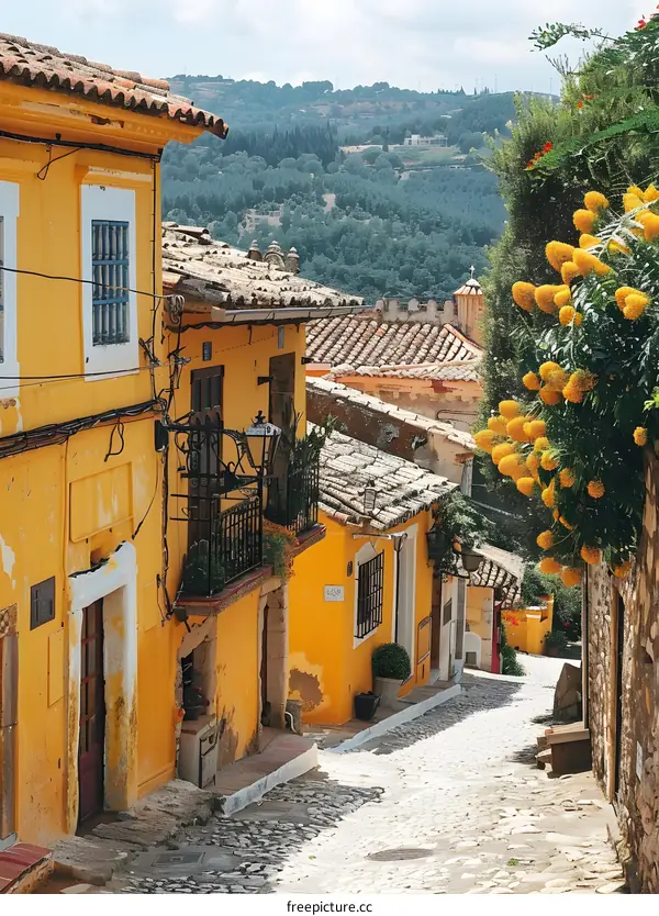 Yellow Houses on Cobblestone Street