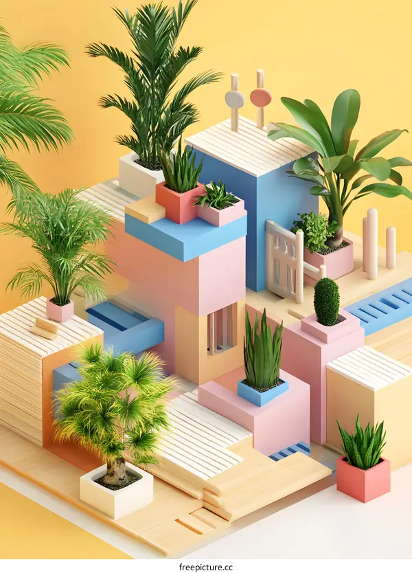 Minimalist 3D Illustration of a Modern Garden with Colorful Blocks