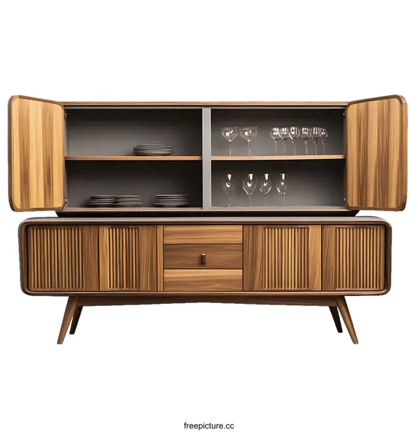 [Transparent Background PNG]Mid-Century Modern Wooden Buffet Cabinet
