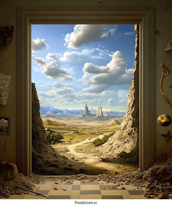 Open Doorway to a Desert Landscape with Mountain Ranges