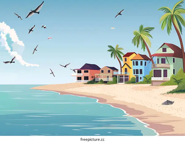 Tropical Beach Houses Illustration With Palm Trees and Seagulls