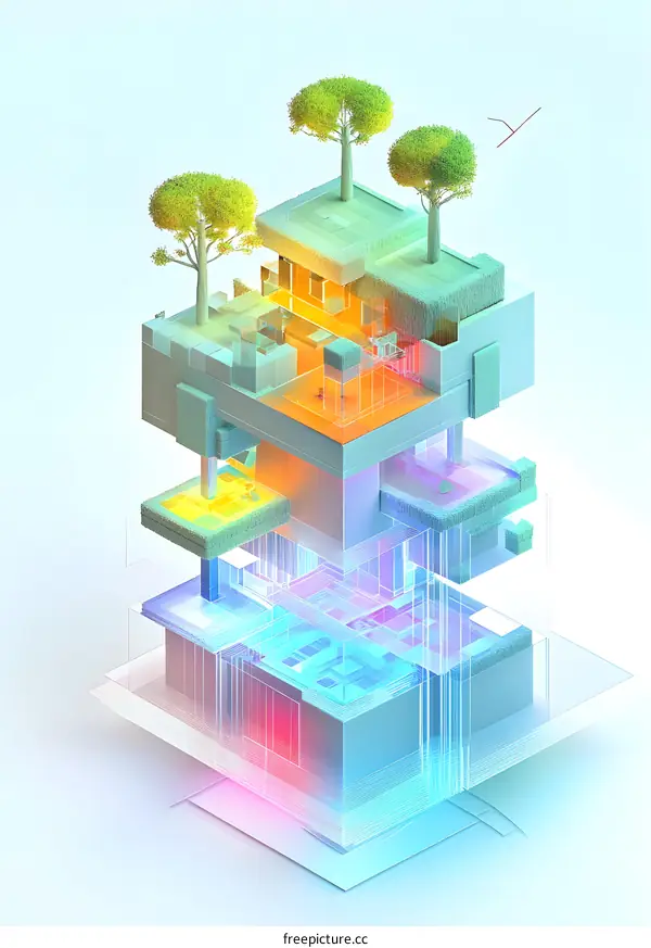 Abstract Modern Architecture Illustration With Transparent Building And Green Trees