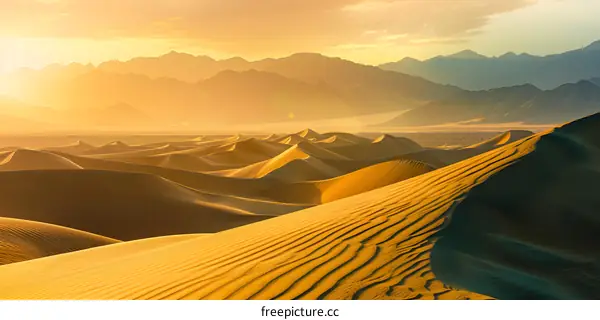 Golden Sand Dunes Desert Landscape At Sunset