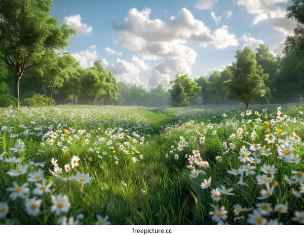 Field of Daisies under a Blue Sky
