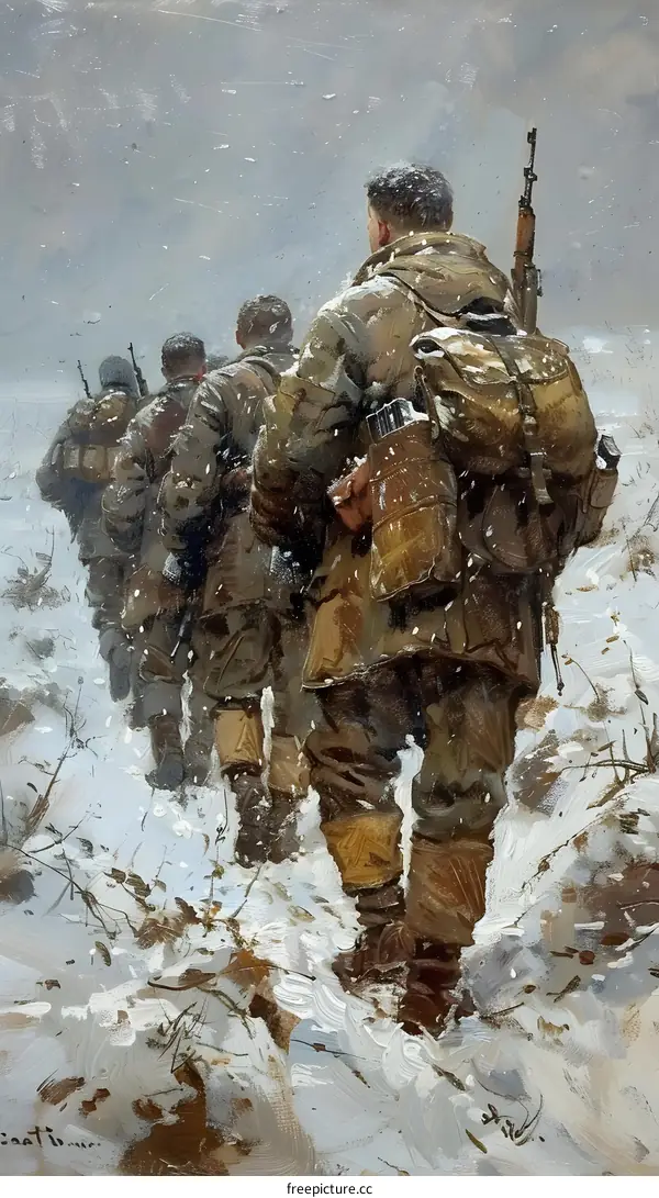 A group of soldiers trudging through the snow during the Korean War