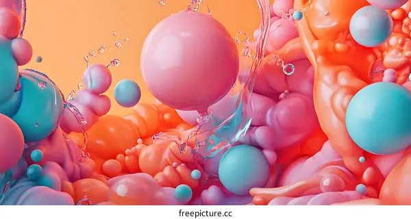 Abstract 3D Rendering of Colorful Spheres and Water Splashes