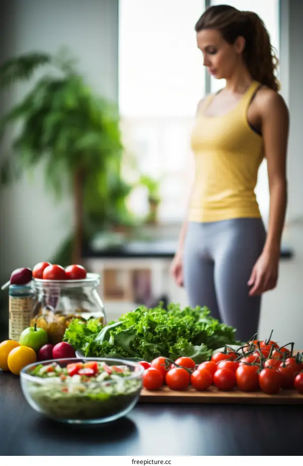 woman in yellow tank top and gray leggings standing in kitchen looking at healthy food on table