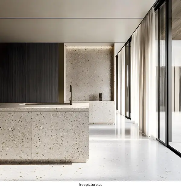 Modern Kitchen Interior Design With Grey Stone Countertop And White Curtains