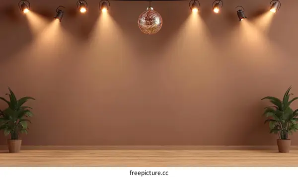 Empty Brown Room with Spotlights and Disco Ball