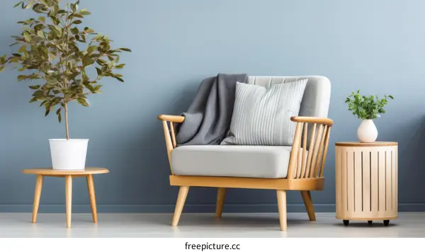 A mid-century modern living room with a blue wall, wooden furniture, and a potted plant