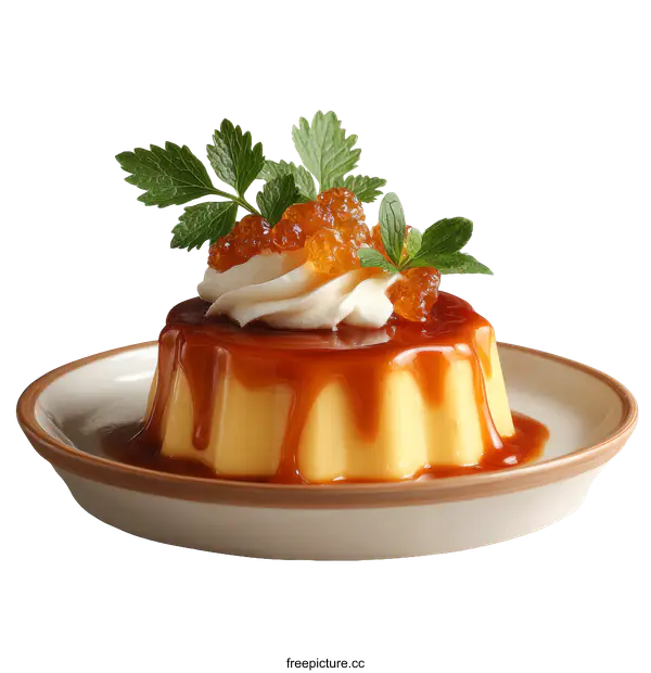 [Transparent Background PNG]Delicious Caramel Custard Dessert on a Plate
