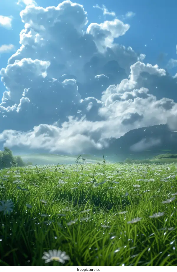Picturesque Field Under Blue Sky with White Clouds