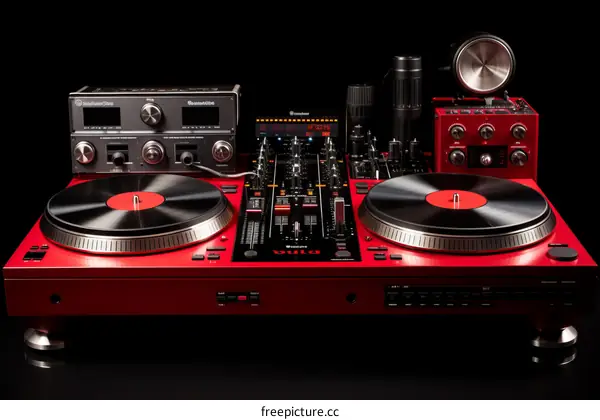 Red turntable setup with mixer and effects