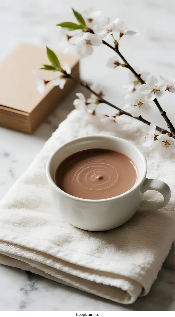 Warm Chocolate Cup with Blossom Branch on White Towel