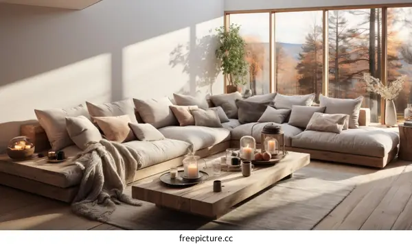 A Modern Living Room with Sectional Sofa, Coffee Table, and Rug