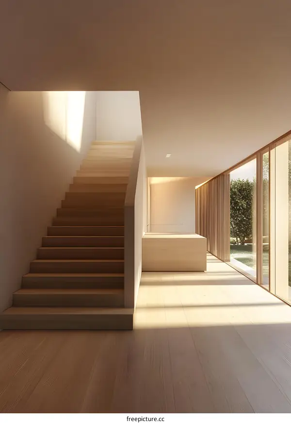 Modern Interior Design With Wooden Staircase and Sunlight