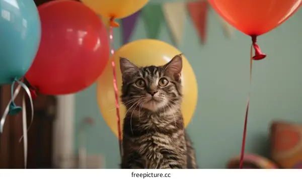 A cute tabby cat sitting in front of a bunch of colorful balloons