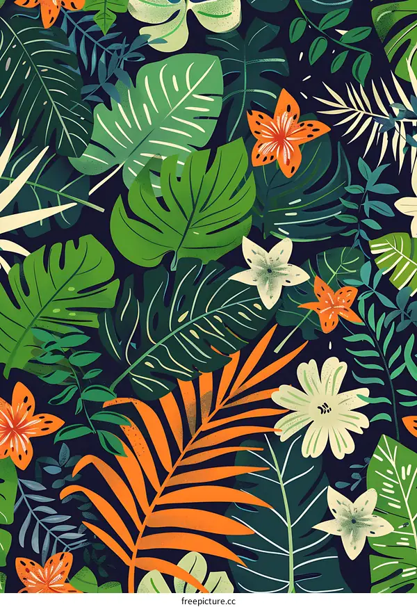 Tropical Leaves and Flowers Seamless Pattern Design