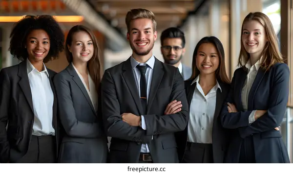 A group of young professionals in business suits posing for a photo