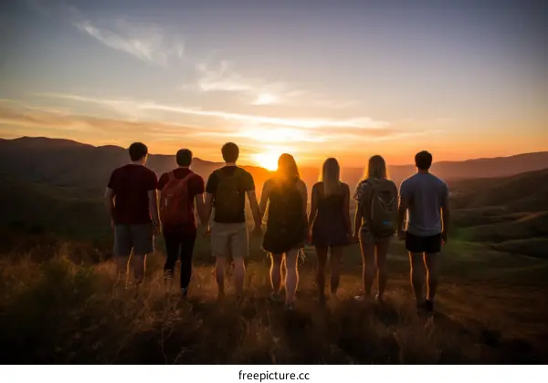 A group of friends watching the sunset over a mountain range