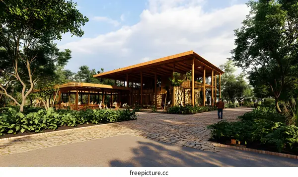 Modern Wooden Building With Restaurant and Patio in Lush Greenery