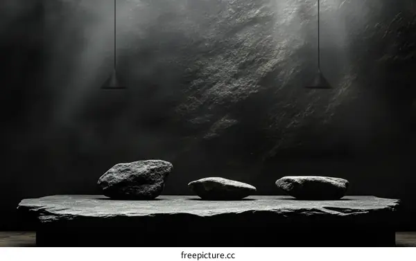 Dark Stone Display Platform with Pendant Lamps