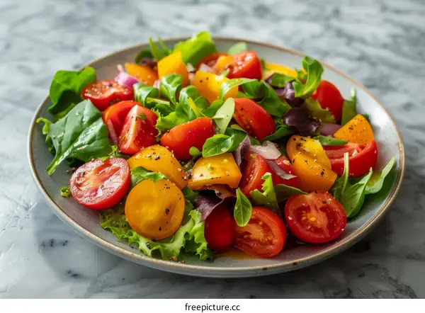 Colorful tomato salad with lettuce and red onion