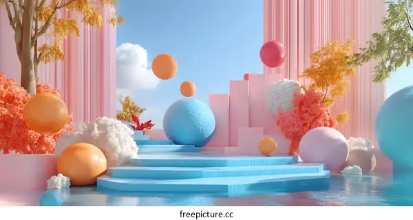 Abstract 3D Illustration with Pink Blue and Yellow Spheres and Geometric Shapes