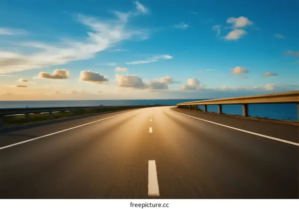 A clear road stretching under a bright blue sky with clouds