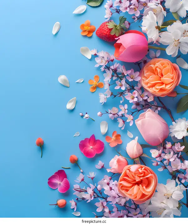 Spring Flowers on Blue Background