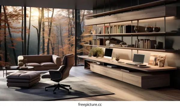 Modern home office with large windows and a view of the forest
