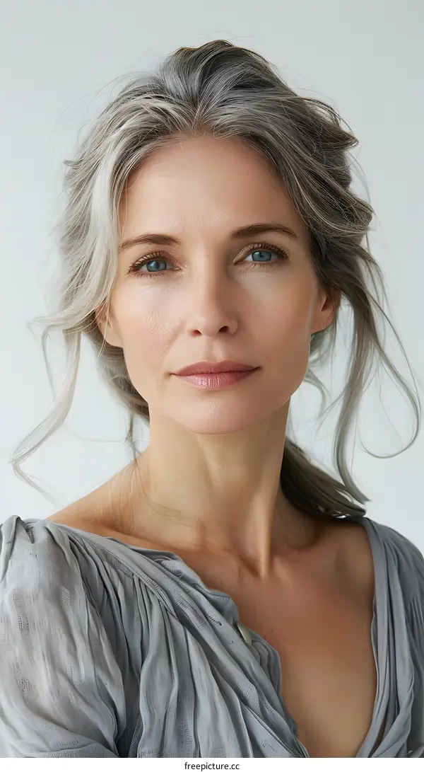 Portrait of a Woman with Silver Hair and Blue Eyes