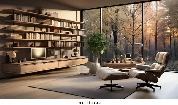 Modern Living Room with Floor-to-Ceiling Windows Overlooking Autumn Forest
