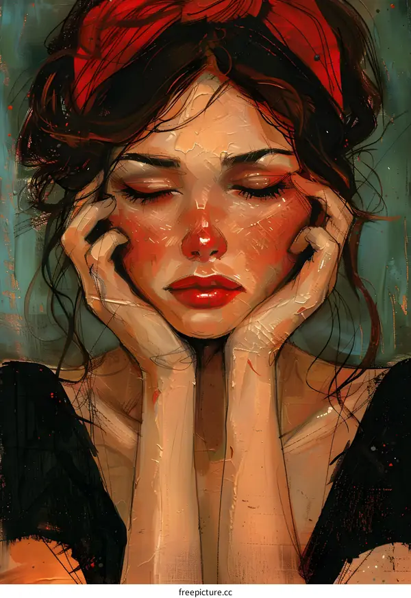 portrait of a crying woman with red headscarf