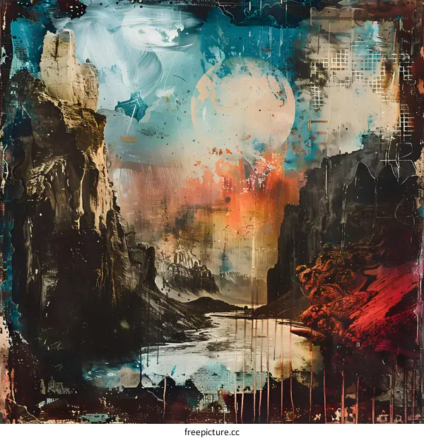 Abstract Art Painting With A Canyon And A Moon