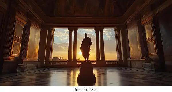 Silhouette of Statue Against Sunset in Grand Hallway