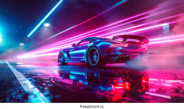 A blue sports car drives through a neon city street at night