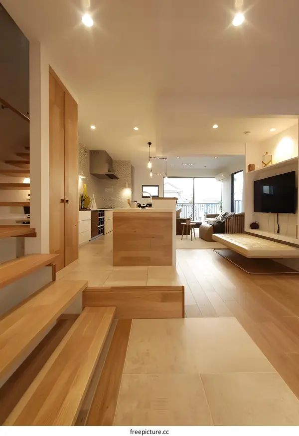 Modern Open Concept Kitchen and Living Room Interior Design with Wooden Flooring and Stairs