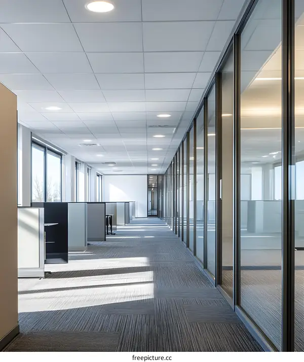 Modern Office Hallway with Glass Walls and Grey Carpet