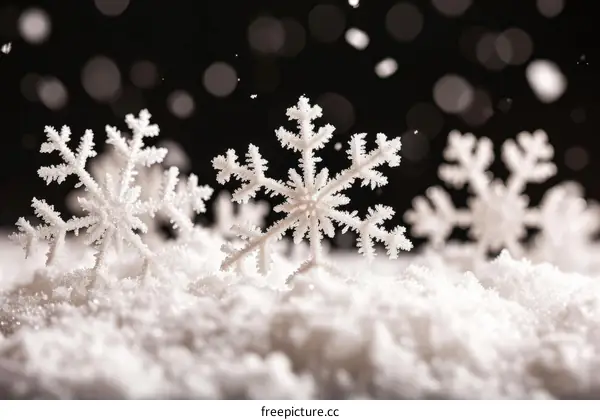 Delicate and detailed snowflakes on a white snow background