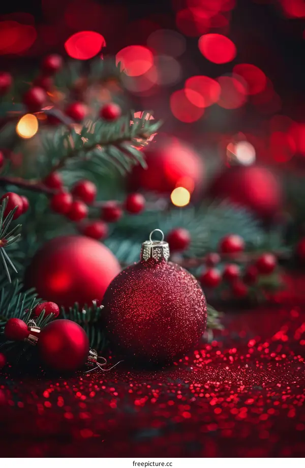 Red and Green Christmas Ornaments with Festive Lights
