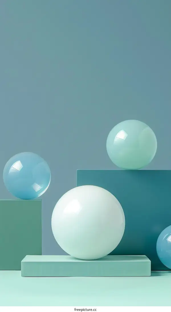 3D rendering of blue and green spheres on podiums against blue background
